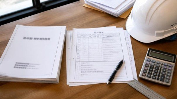 책상 가운데 일보 서류에 빨간 점선 표시가 있고, 확대 카드에 공사일보 항목 그림이 들어간 예시 사진.